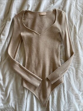 nuuds Ribbed Long Sleeve V-Neck Bodysuit in Beige